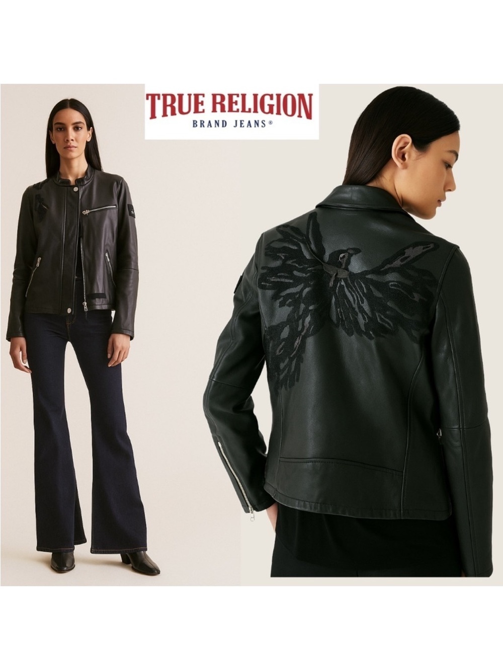 True Religion Women's Black Leather Moto Jacket Phoenix Bird